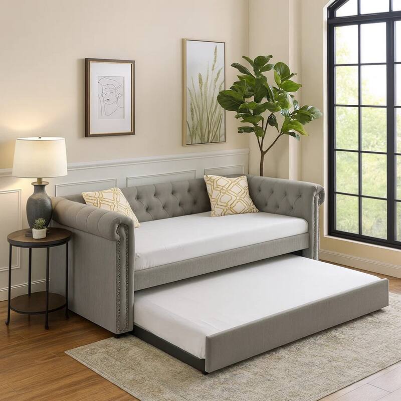 Ellen Trundle Daybed, Gray Fabric Upholstery, Rolled Arms, Nailhead Trim