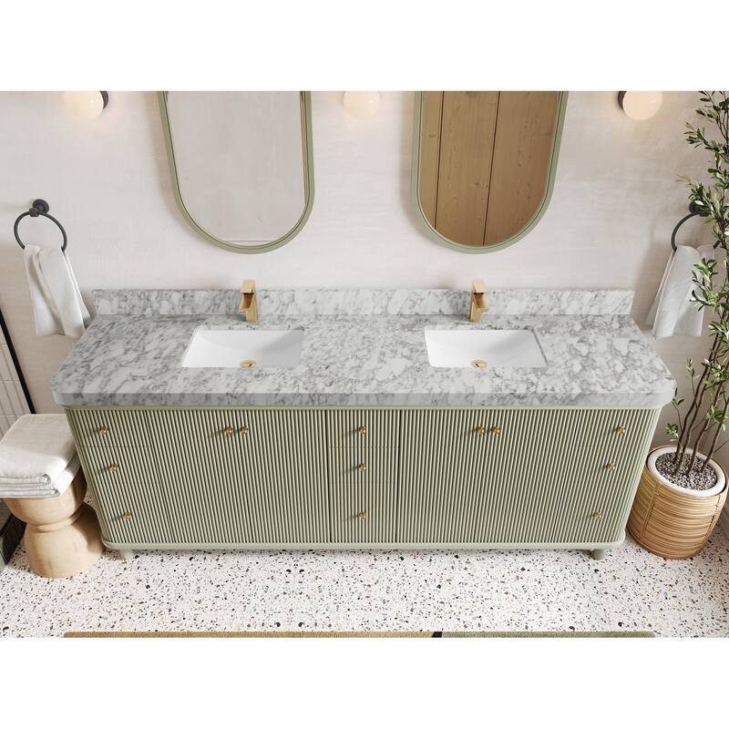 Willow Collections 84 in. W x 22 in. D Reeded Miami Double Bowl Sink Bathroom Vanity with Countertop - 2”Carrara Marble - Evergreen