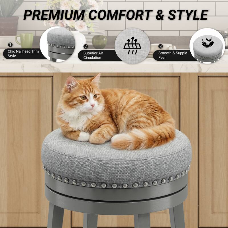 Swivel Counter Height Bar Stool with Upholstered Seat Solid Wood Frame