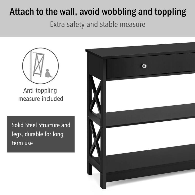 3-Tier Console Table with Drawers for Entryway and Living Room Storage - 39.5" x 12" x 31.5"