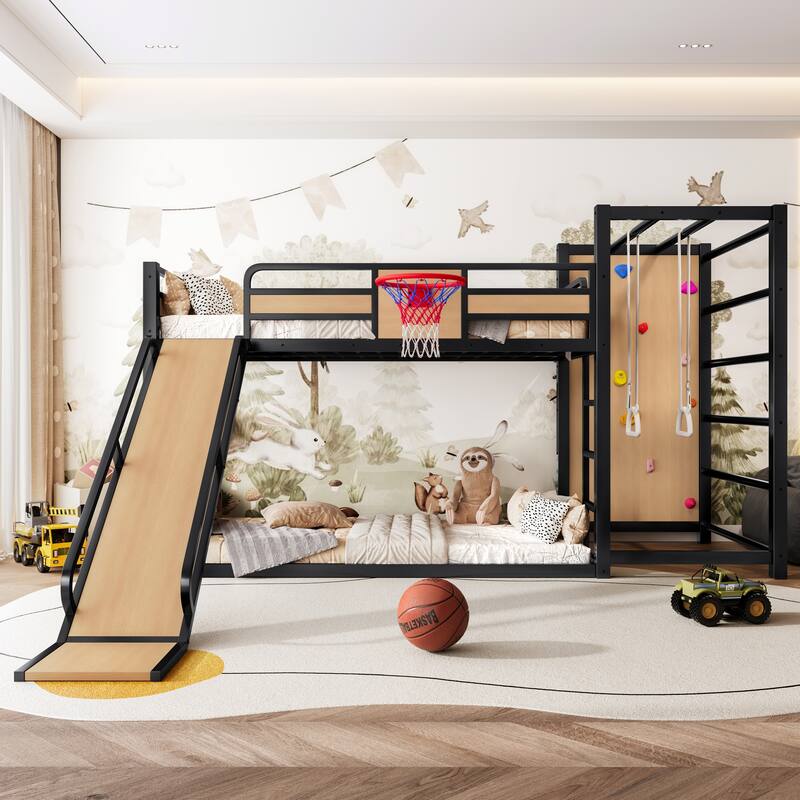 Full/Twin Metal Loft Bed with Basketball Hoop, Climbing Wall & Slide - Yellow - Twin