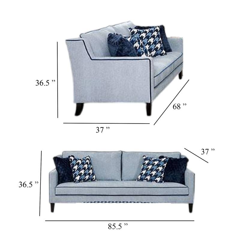 Colin 2pc Sofa and Loveseat Set, 8 Throw Pillows, Gray, Blue Polyester