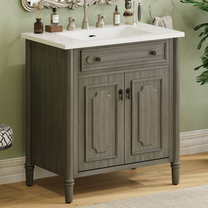 31" Vintage Bathroom Vanity with Sink, Rustic Bathroom Cabinet with Soft Close Doors and Adjustable Shelf - Antique Gray,Gray