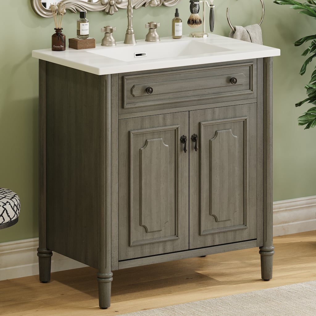 Roomfitters 31" Vintage Bathroom Vanity with Sink, Rustic Cabinet with Soft-Close Doors, Adjustable Shelf and Curved Design