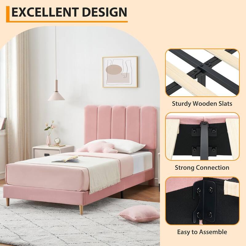 Twin Upholstered Platform Bed Frame with Wave Headboard, Wood Slats, No Box Spring Needed, for Kids or Teens