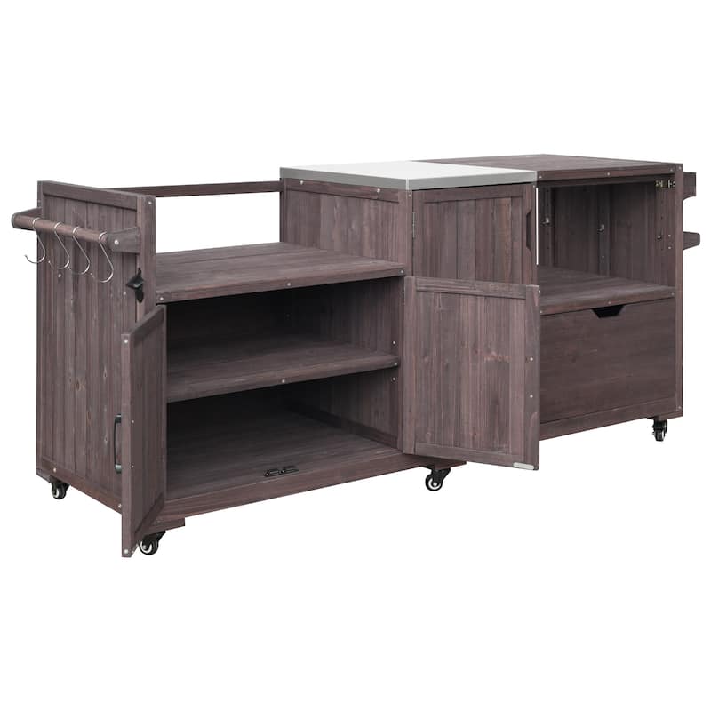 Solid Wood 80.5" Outdoor Kitchen Island for Big Green Egg& Blackstone Griddle, Grill Cart Table with Stainless Steel Top