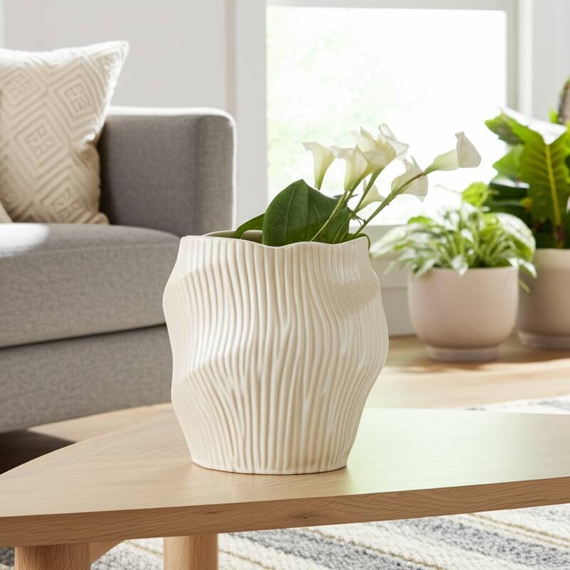 Ceramic Decorative Vase with Ribbed Texture Sculptural Hollow Design