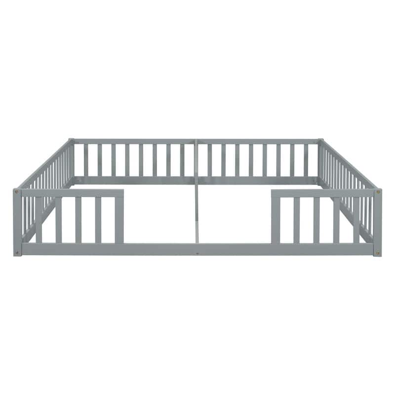 Twin Size Wood Double Floor Bed with Guardrails For Toddlers