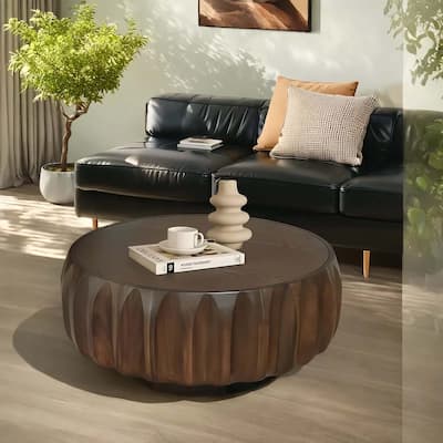 Round Coffee Table, Drum Coffee Table Contemporary Wood Round Coffee Table with Fluted Centry Table