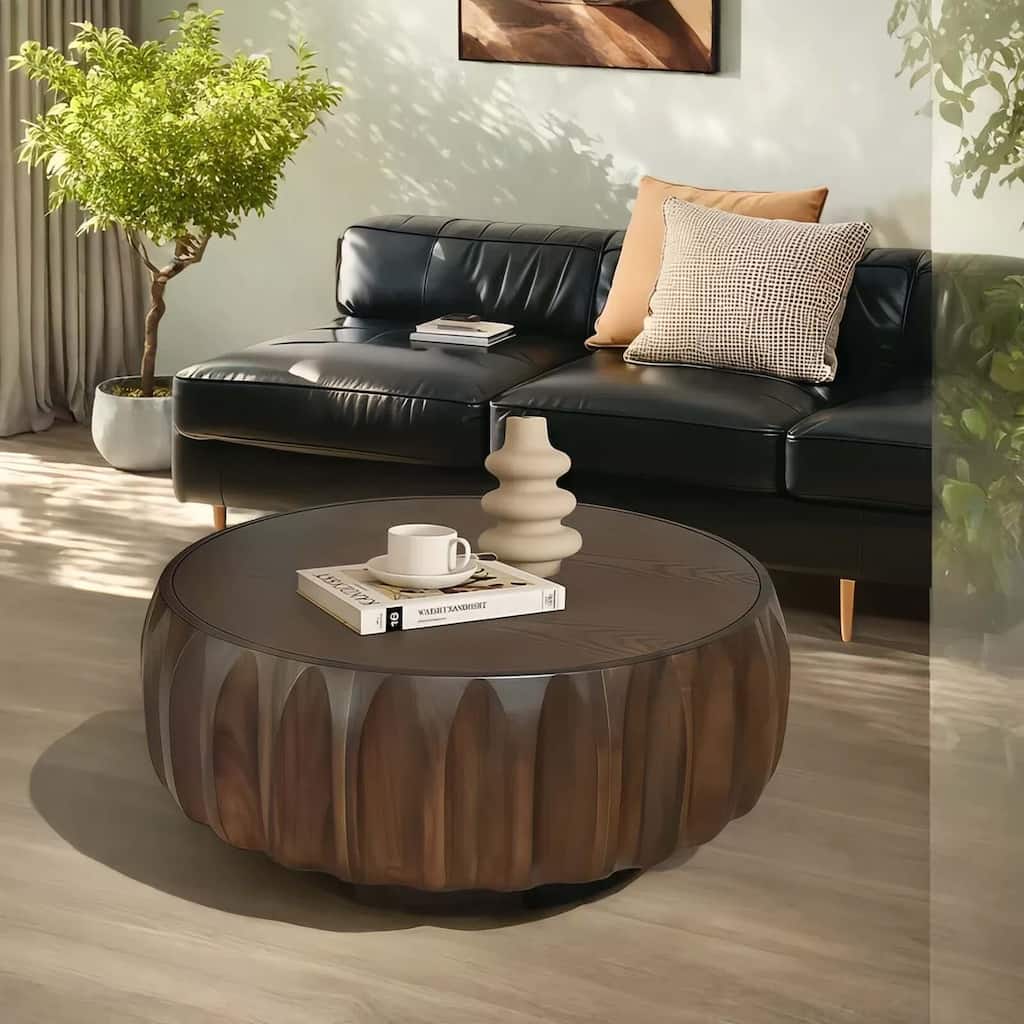 Round Coffee Table, Drum Coffee Table Contemporary Wood Round Coffee Table with Fluted Centry Table