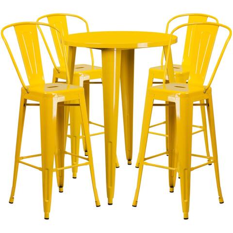 Offex 30" Round Yellow Metal Bar Table Set with 4 Cafe Stools - 30"W x 30"D x 41"H
