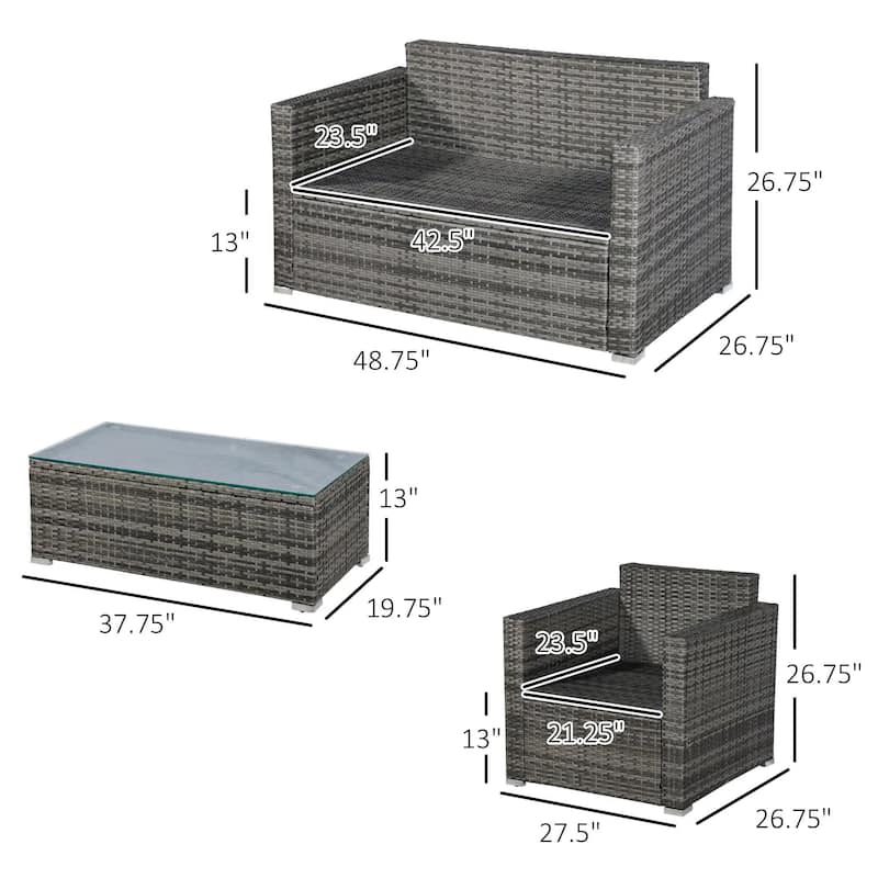 4PC PE Rattan Patio Sectional, Sofa Loveseat Ottoman Table for Garden
