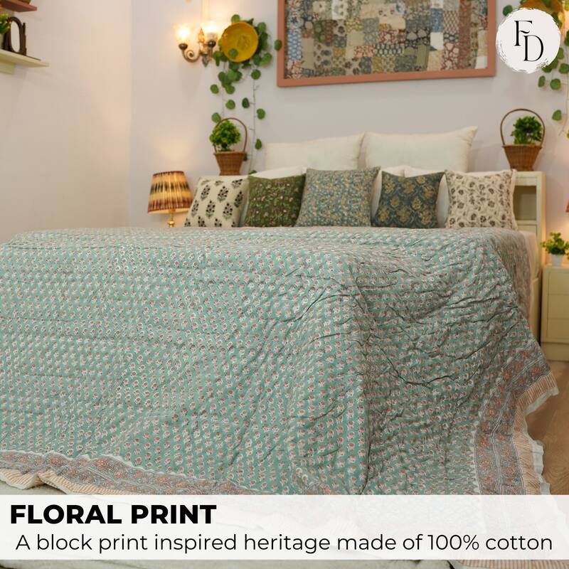 Fabdivine Luxury Hand Block Print Cotton Quilt Both Side Printed Green White Floral, Double-Sided Reversible Bedspread for Decor