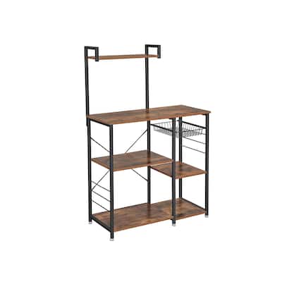 Rustic Brown Baker’s Rack Kitchen Shelf with wire Basket and 6 S-Hooks Perfect for Microwave or Oven - 35.4"L x 15.7"W x 52"H