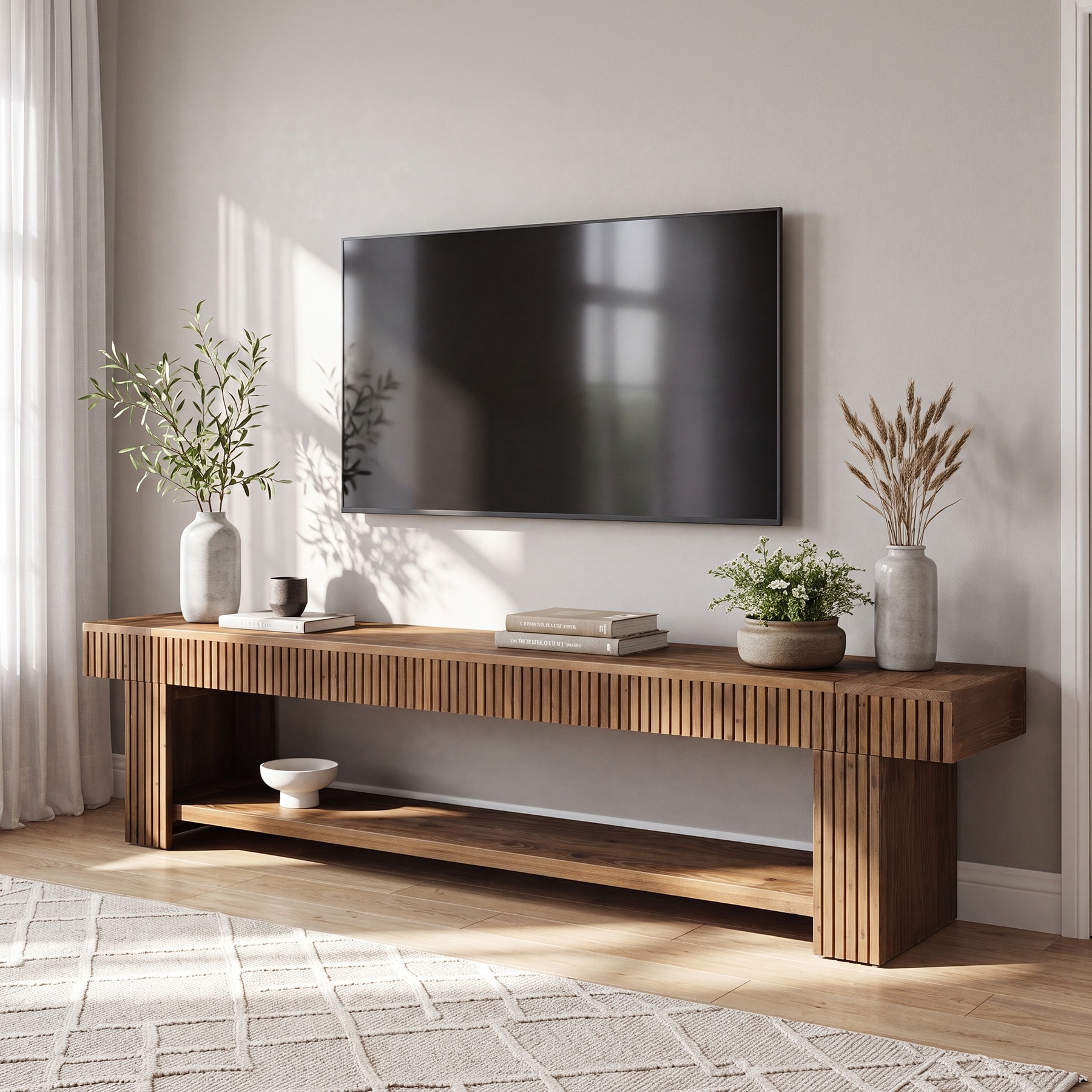 Solid Wood TV Stand with Storage Shelf, 71 Inch Media Console, Long Low TV Cabinet for Living Room Bedroom