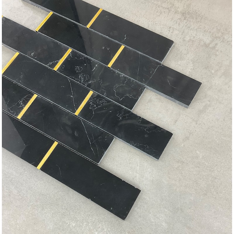 Nero Marquina and Gold Metal Brick Marble Wall and Floor Mosaic - Case (10 Sheets)