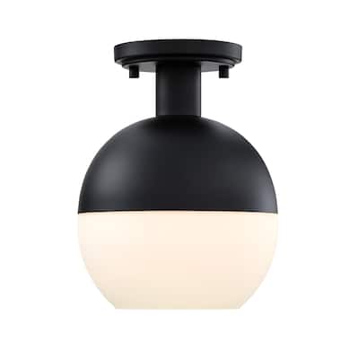 Linden 8 in. 1-Light Matte Black Mid-Century Modern Semi Flush Mount with Etched Opal Glass Shade for Bedrooms - 10.5