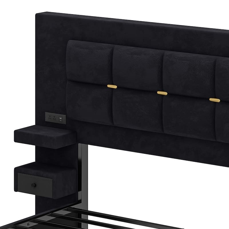 Queen Size Velvet Bed Frame with Upholstered Headboard LED Lighting and Built-in Charging Station for Modern Bedroom Luxury