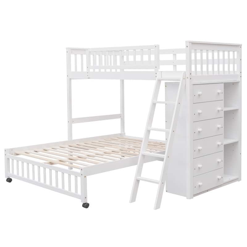 Twin Over Full Bunk Bed with 6 Drawers, Flexible Shelves and GuardRail