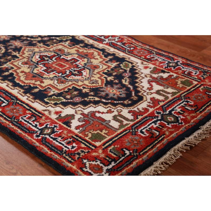 Hand Knotted Oriental 100% Wool Carpet Traditional Geometric Navy Blue & Blues Heriz (serapi) Runner Rug - 7' 10'' X 2' 7''