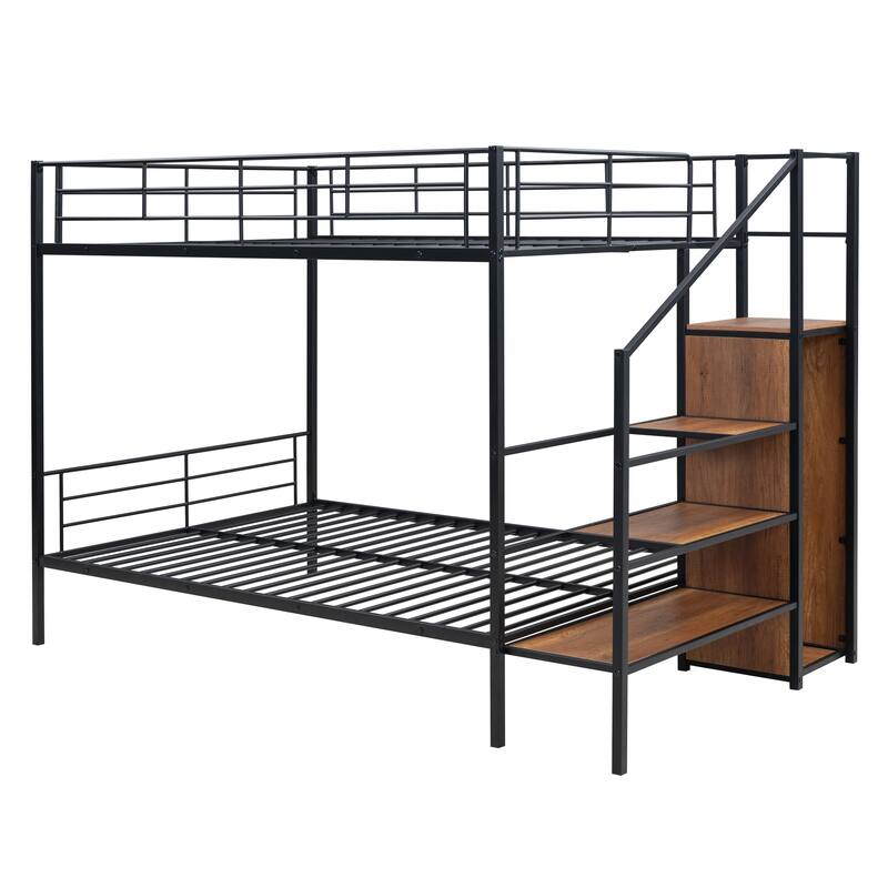 Full Over Full Metal Bunk Bed with Storage Ladder and Wardrobe, Black