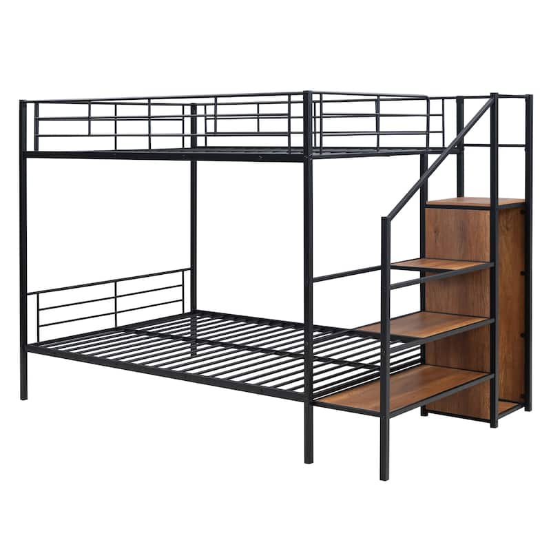 Full Size Metal Bunk Bed with Lateral Storage Ladder and Wardrobe, Chrome Finish for Modern Bedrooms