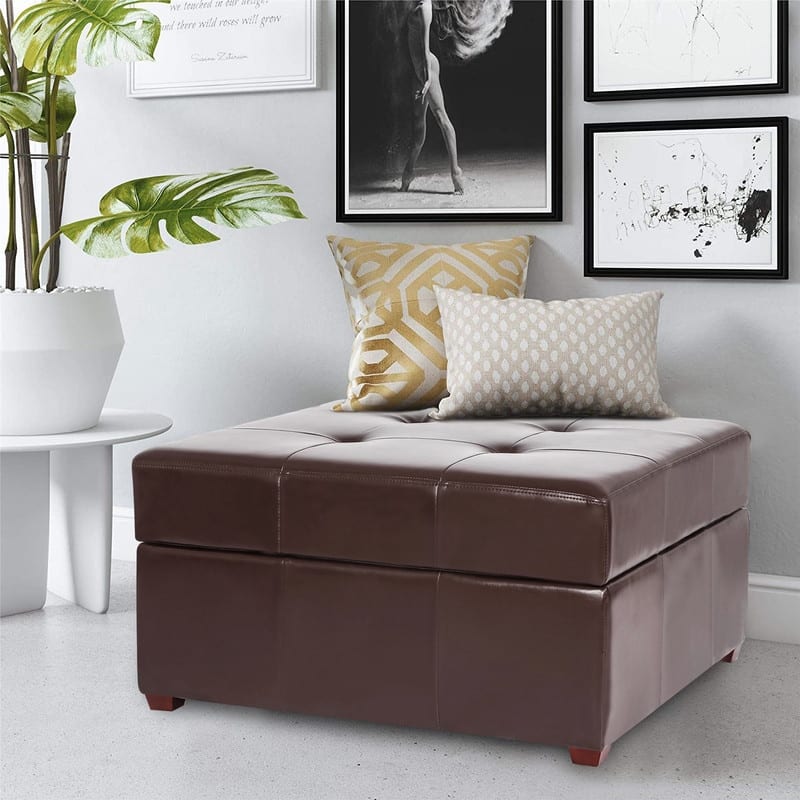 Adeco Storage Ottoman Square Bench Tufted Footrest for Living Room