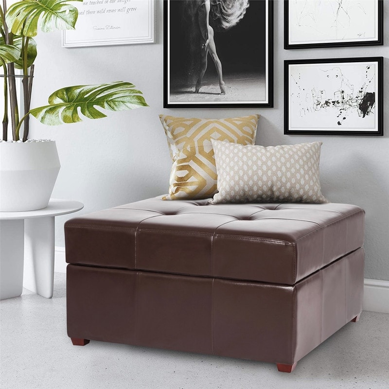 Adeco Storage Ottoman Square Bench Tufted Footrest for Living Room