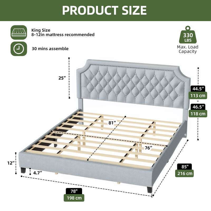 Moasis Upholstered Tufted Bed Frame with Adjustable Height Headboard