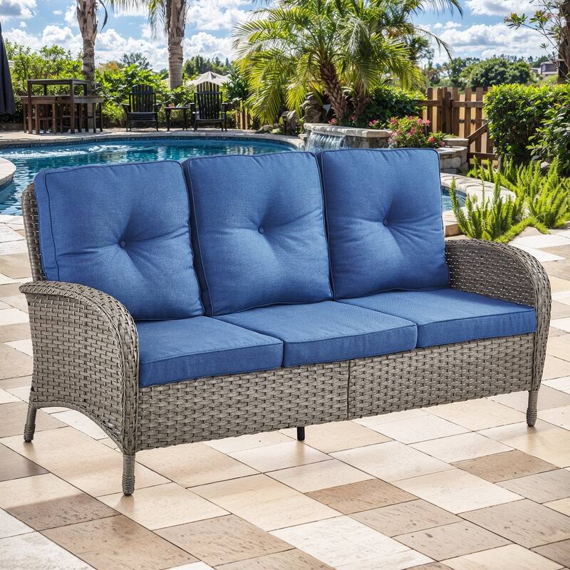 Pocassy Patio Outdoor Sofa Swivel Chairs with Ottman Table Set - Gray Wicker Blue Cushion - Only 3-Seat Sofa