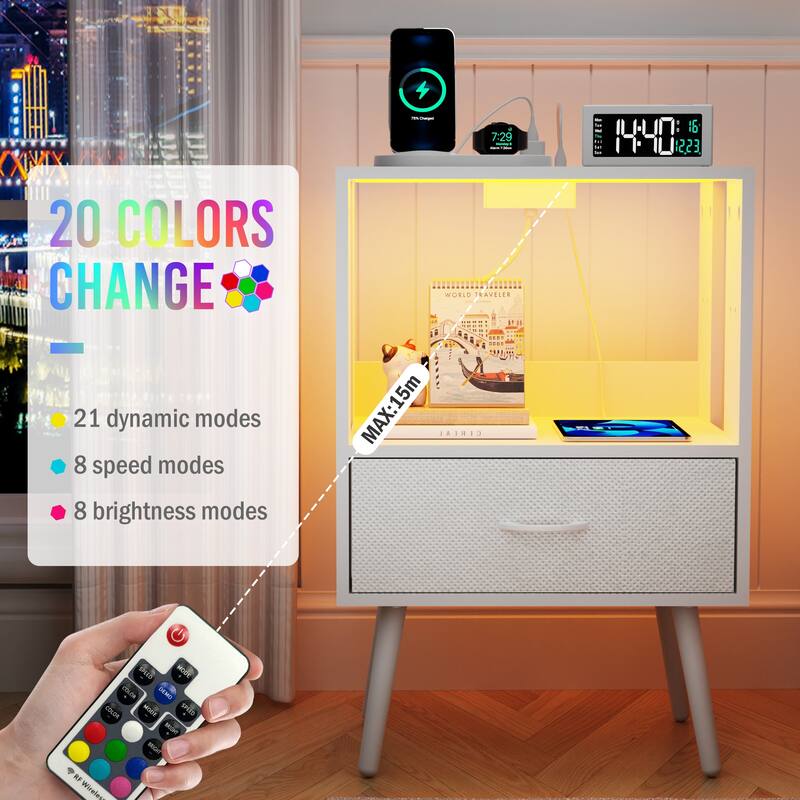 2 Pack Modern Nightstand with Charging Station, Bedside Tables with LED Light and Fabric Drawers