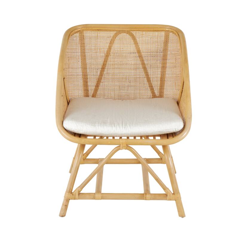Light Brown Rattan Woven Squared Living Room Accent Chair with White Fabric Cushion