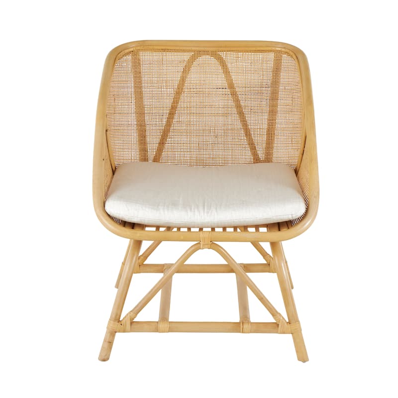 Rattan Woven Squared Accent Chair with White Fabric Cushion - Light Brown - Roche River Decor