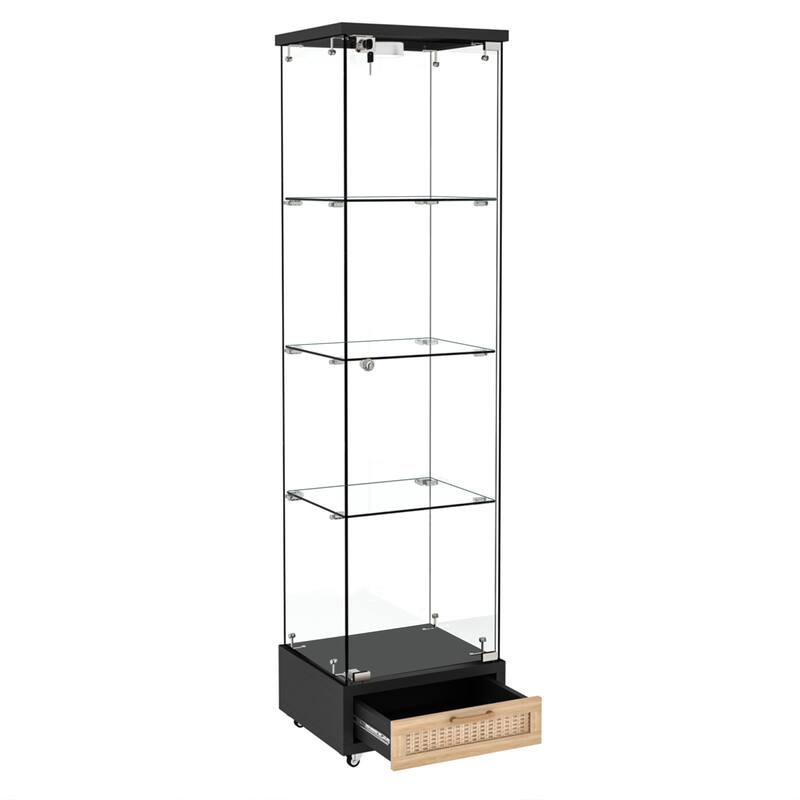 Glass Display Cabinet With Drawer,Cabinet With Led Lights,Tempered Glass Bookshelf, 1-Door Storage Case With 4 Shelves
