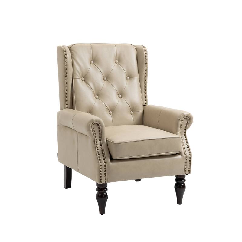 Upholstered PU Leather Accent Chair,Mid Century Button Tufted High Back Arm Chair with Armrest and Solid Wood Legs