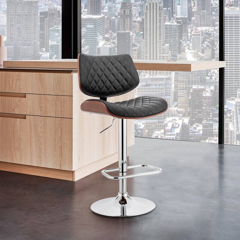 Leland Adjustable Faux Leather and Metal Bar Stool - Black, Walnut and Chrome