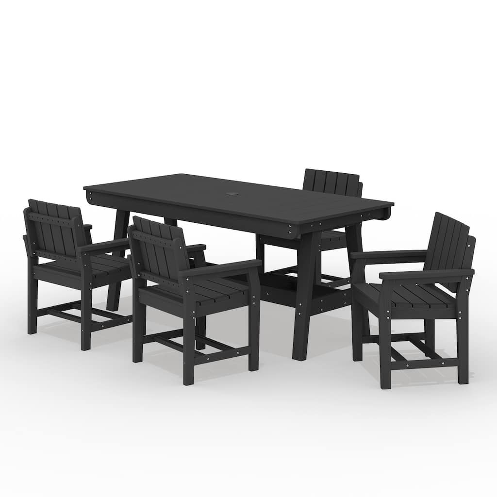 HDPE Patio Dining Set with Rectangular 67.91in W Table with Umbrella Hole and 4 Chairs - N/A