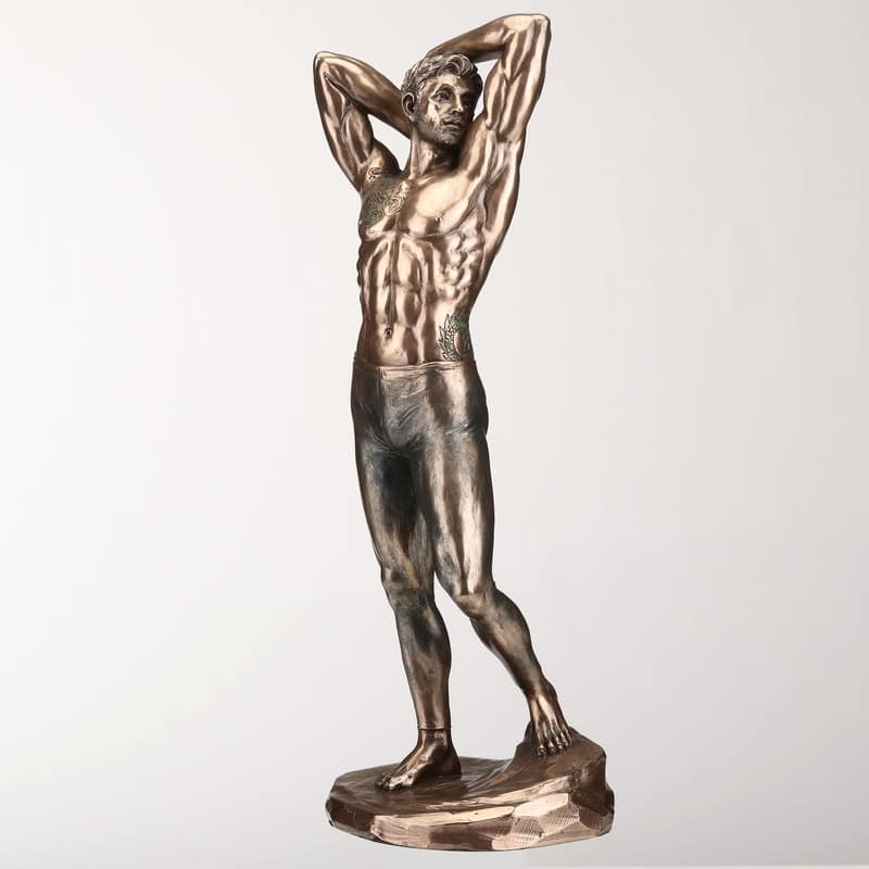 11.81 inches Height Cold Cast Bronze Tattooed Male in Tights Stretching Pinup Pose Bronze Finish Figurine