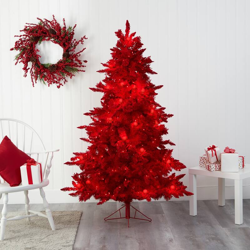 6' Pre-Lit Red Flocked Artificial Christmas Tree, Warm Clear LED Lights - 6 Foot
