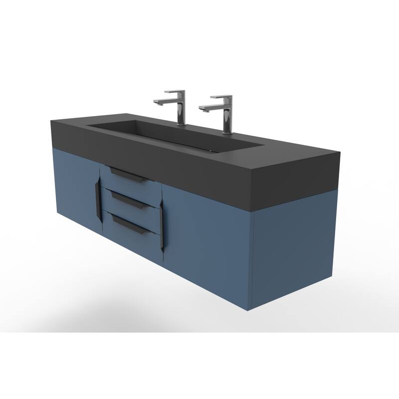 Nile 60" Wall Mounted Bathroom Vanity Set w/ Black Top