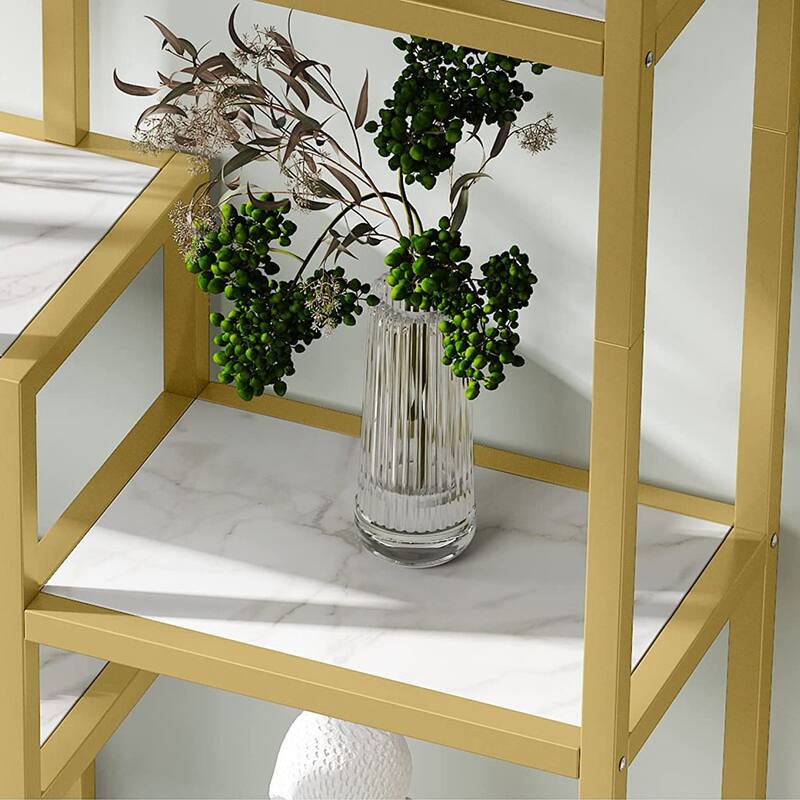 White Gold Bookshelf Bookcase 8-Open Shelf Etagere Bookcase with Faux Marble