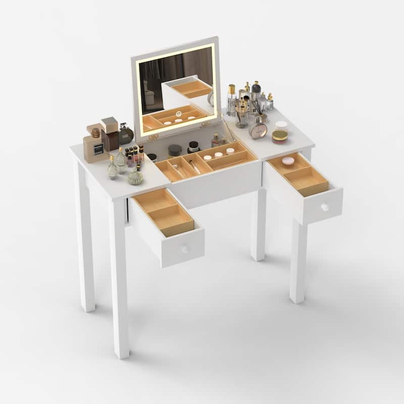 LED White Vanity Table with Flip-Top Mirror, 2 Drawers,Jewelry Storage