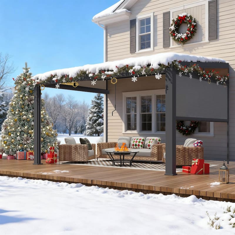 Erommy Wall-Mounted Pergola with Louvered Roof & Pull-Down Screen, Aluminum Awning for Patio or Deck - 10'x13'