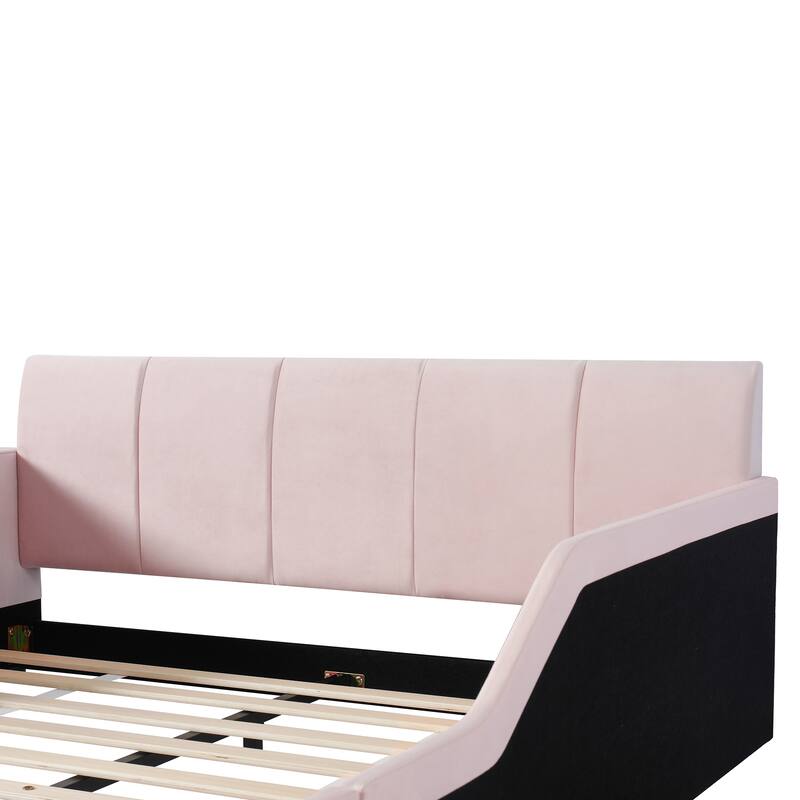 Roomfitters Full/Queen Size Upholstered Grounded Platform Bed with Bedside Desk and Round Stool, Velvet Fabric Bed Frame