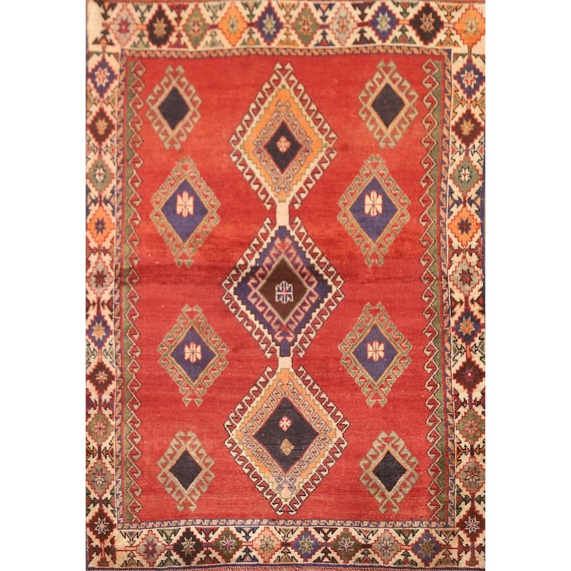 Geometric Shiraz Persian Vintage Accent Rug Hand-Knotted Wool Carpet - 3'4" x 4'11"