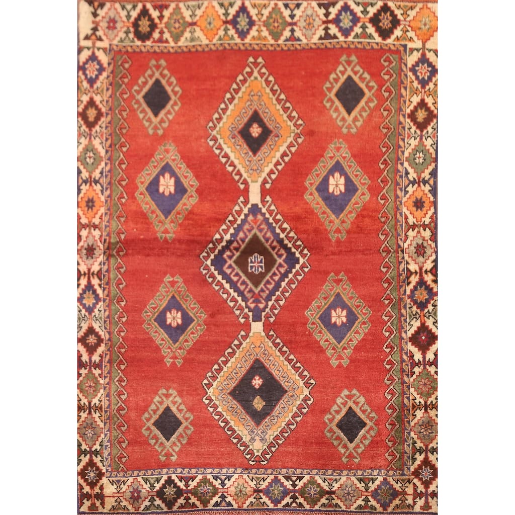Hand Knotted Oriental 100% Wool Carpet Traditional Geometric Oranges & Rust Shiraz Area Rug - 4' 11'' X 3' 4''
