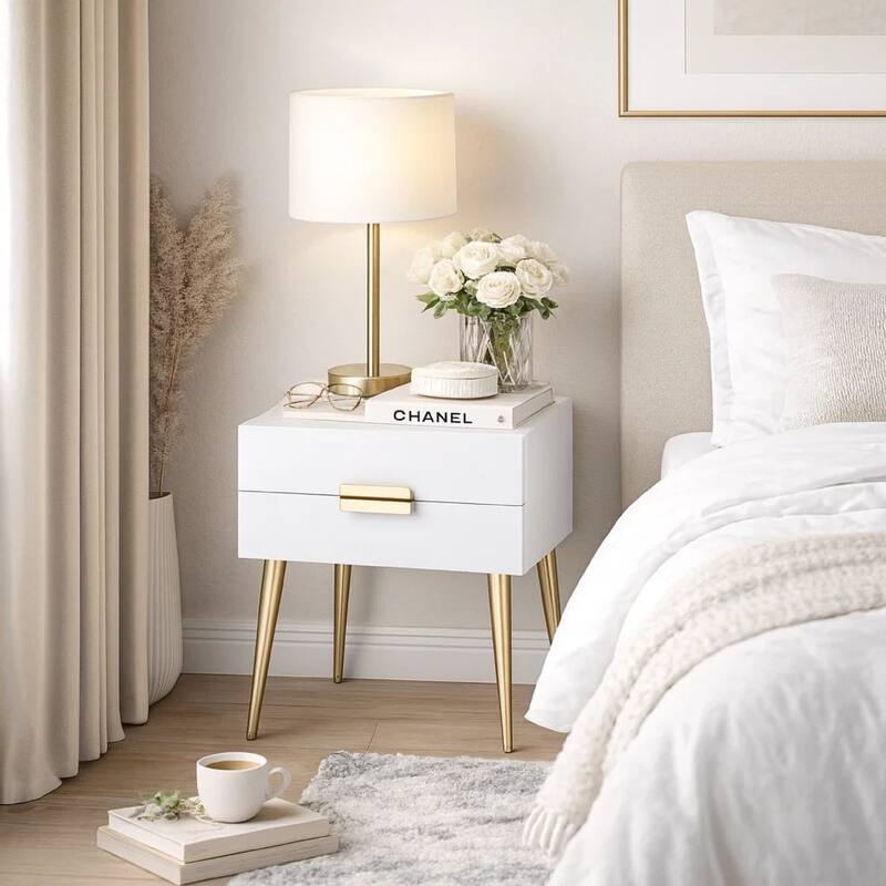 Denvor Square End Table with Drawers, White & Gold