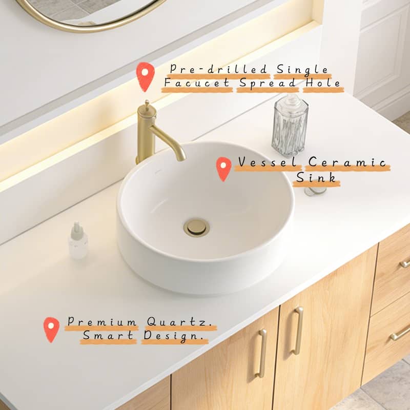 Prismella 36" 48" Floating Vanity with Round Vessel Sink, Quartz Top