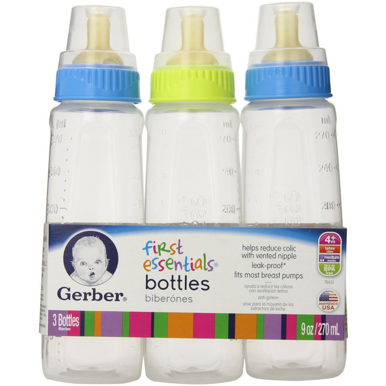 6 count Gerber First Essentials 9 oz Baby Bottles in different colors
