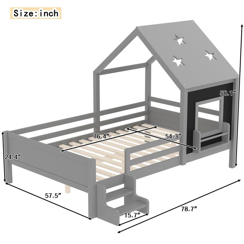 Roomfitters House Floor Bed with Bookcase and Blackboard, Solid Wood Frame with Low Stairs